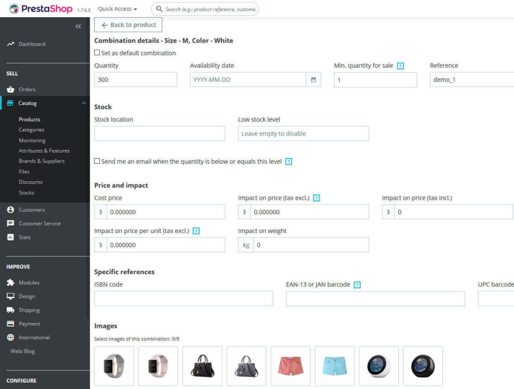 Add product combination and attributes in PrestaShop 1.7