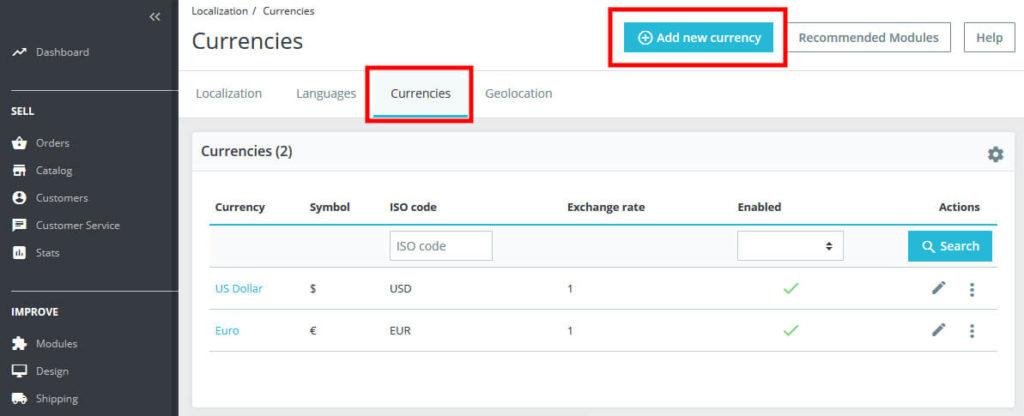 How to add Currencies and set Default currency PrestaShop 1.7